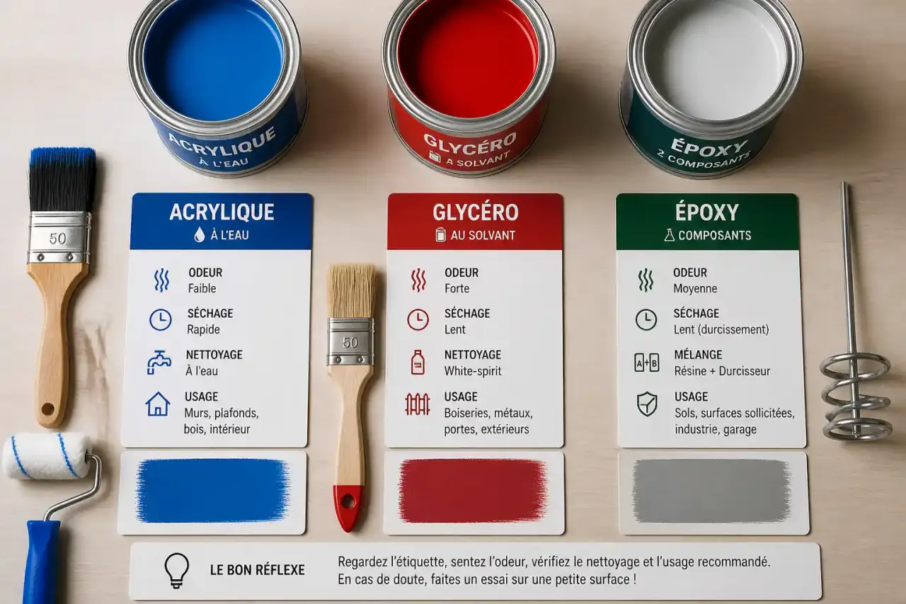 Peinture acrylique, glycéro ou époxy : comment reconnaître la bonne famille au premier coup d'œil