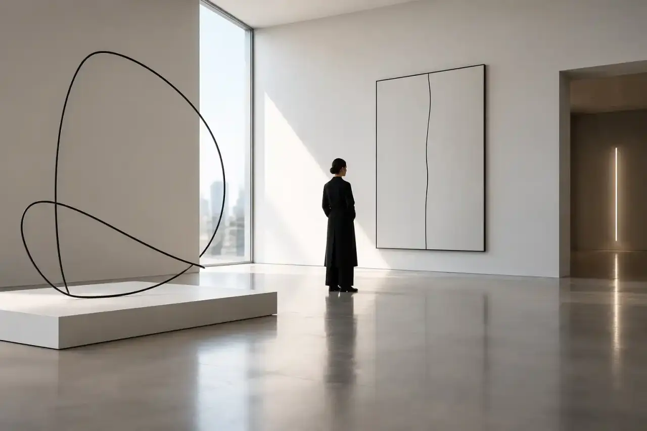 Galerie d’art contemporaine baignée de lumière, avec une œuvre minimaliste composée de lignes épurées