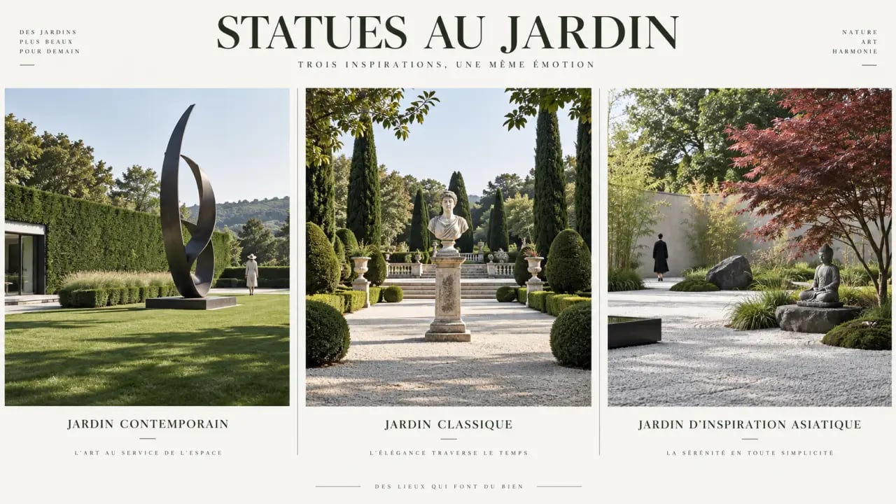 Exemples de mise en scène de statues de décoration de jardin selon le style extérieur