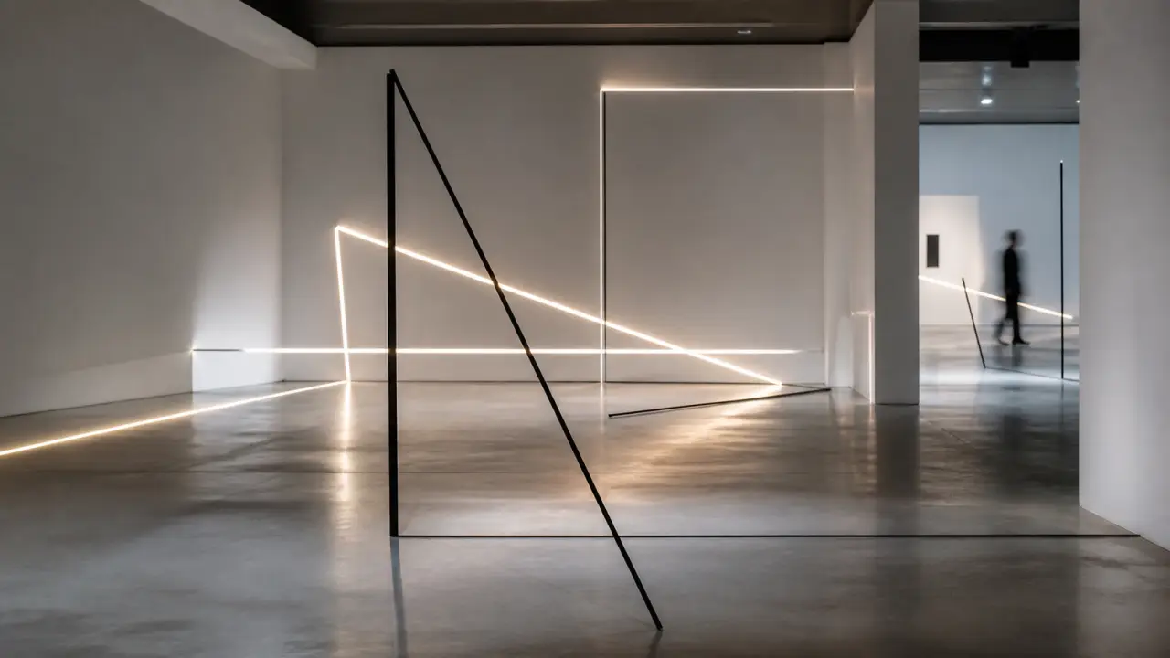 Installation d'une exposition minimaliste autour de la ligne et de la lumière dans une galerie contemporaine