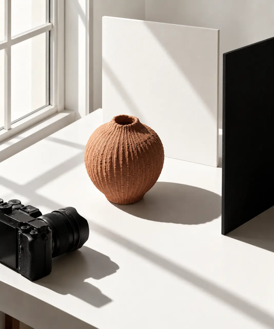 Photographie ombre et lumière avec fenêtre, réflecteur blanc et carton noir