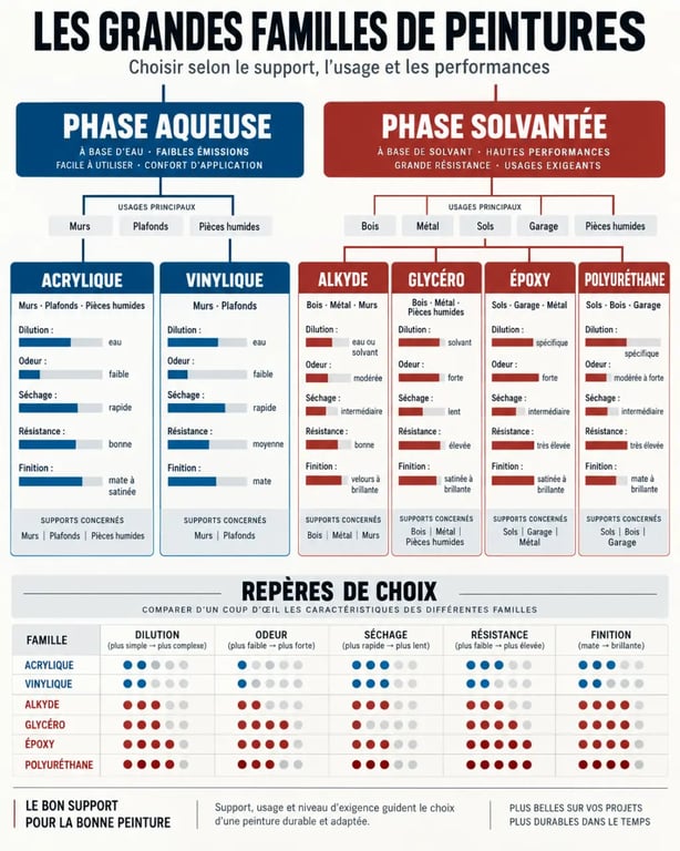 Différentes sortes de peinture classées par composition, support et usage
