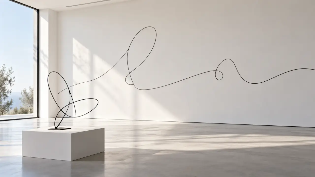 Œuvre contemporaine minimaliste composée de lignes sur un mur blanc