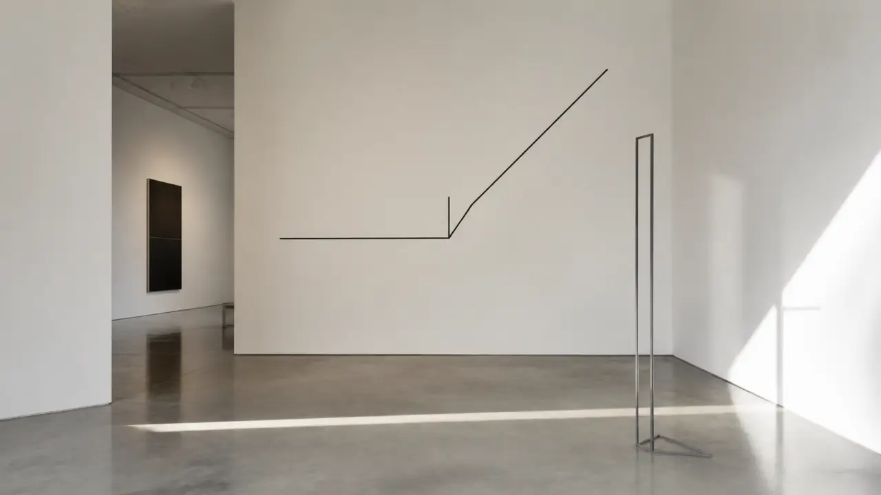 Galerie d'art minimaliste lumineuse avec des œuvres abstraites aux lignes épurées