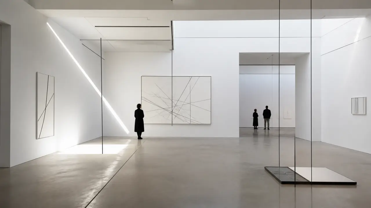 Photographie d'une galerie minimaliste autour d'œuvres de lignes
