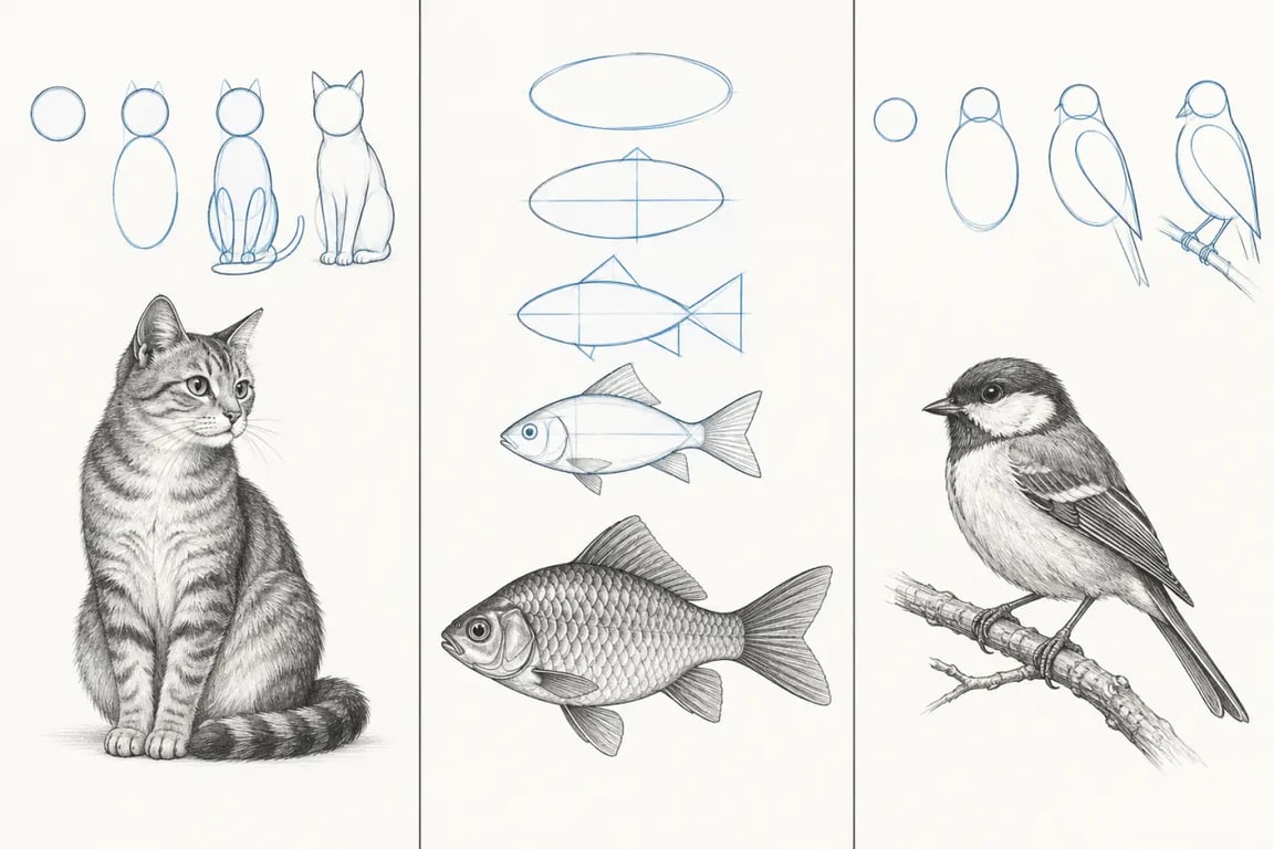 Comment dessiner des animaux avec des formes simples : étapes pour construire un chat, un poisson et un oiseau
