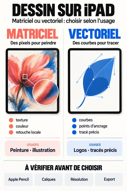 Infographie sur le choix d’une appli dessin iPad entre matriciel et vectoriel