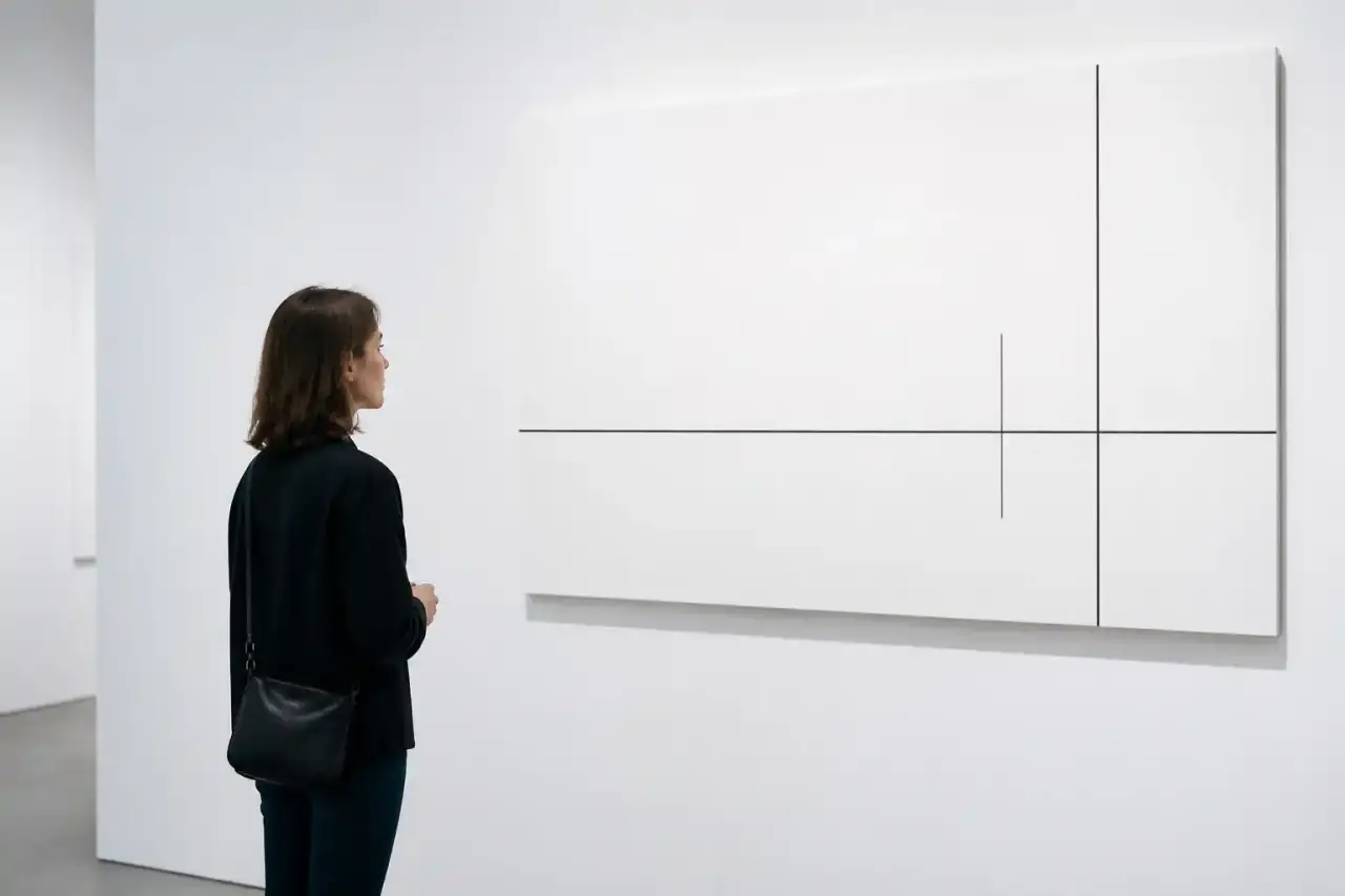 Œuvre de ligne minimaliste dans un espace d'exposition lumineux