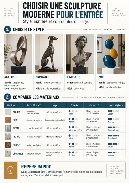 Infographie pour choisir une sculpture moderne pour décorer une entrée selon le style et le matériau