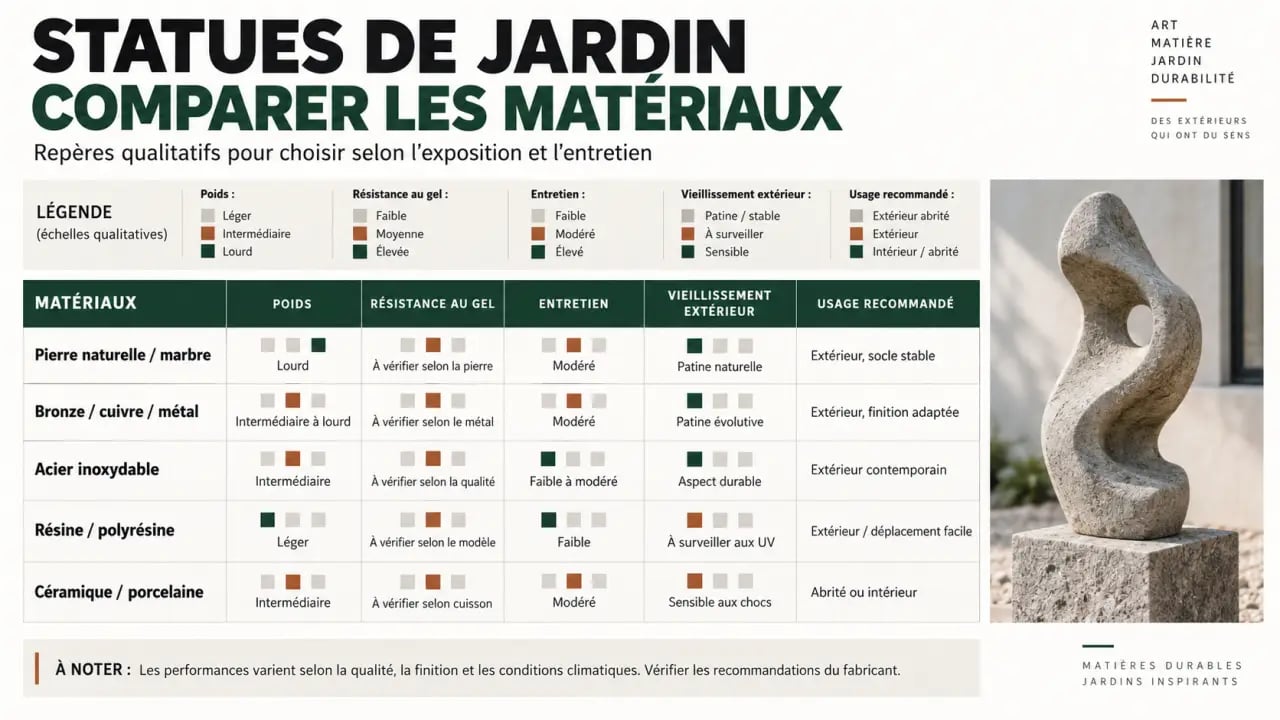 Infographie comparative des matériaux pour choisir une statue de décoration de jardin