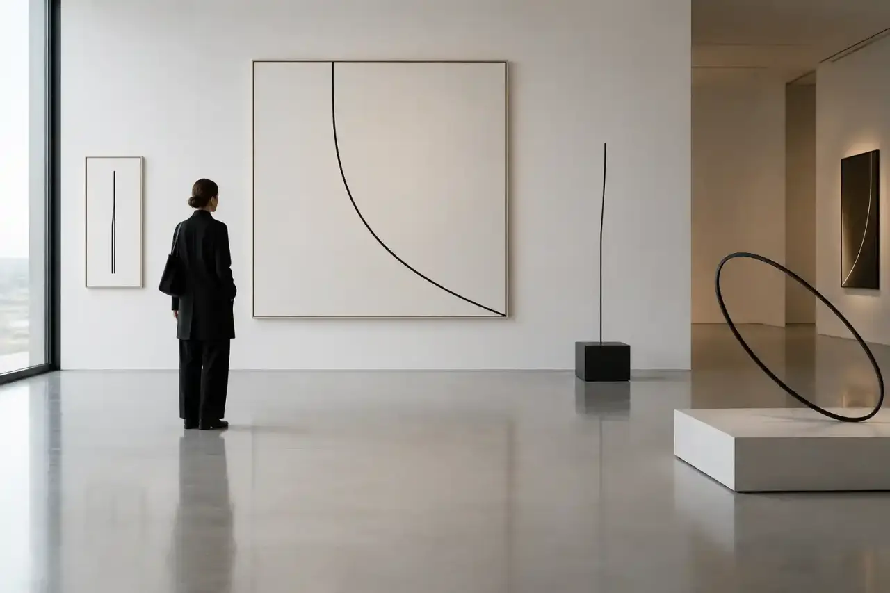 Œuvre d'art minimaliste composée de lignes sobres dans une galerie lumineuse