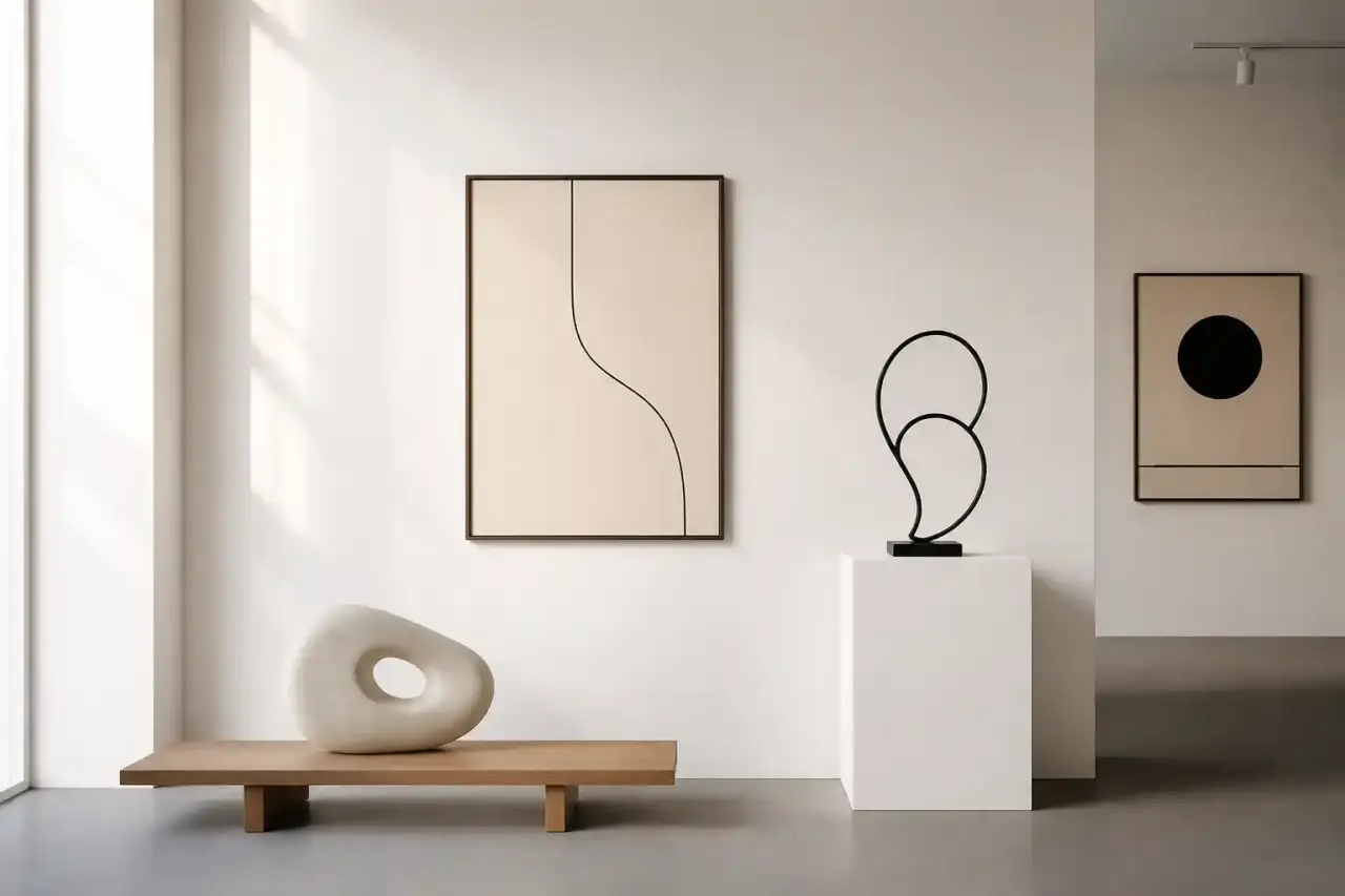 Œuvre minimaliste composée de lignes noires sur mur blanc dans une galerie lumineuse