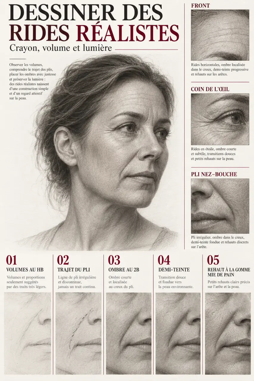 Étapes pour dessiner rides visage réalistes au crayon avec ombres et demi-tons