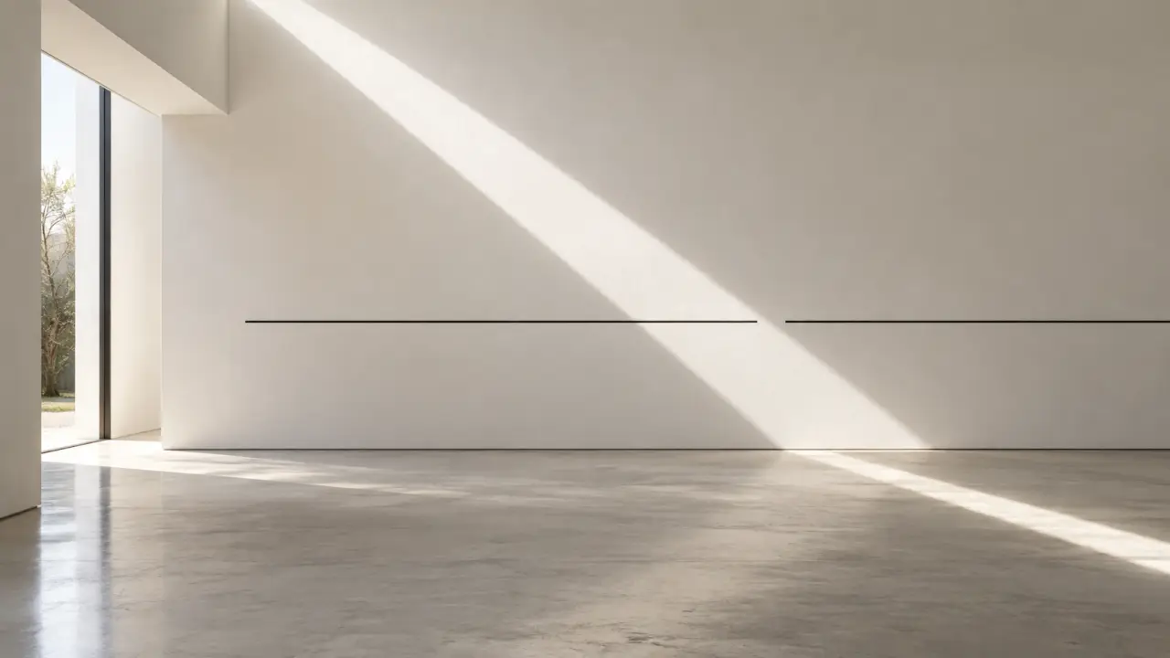 Installation minimaliste associant un trait mural et une lumière projetée dans une galerie d'art contemporain