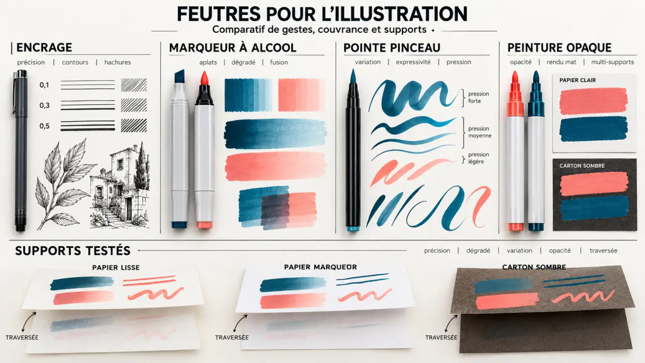 Infographie comparative des meilleurs feutres pour le dessin d’illustration selon l’encre, la pointe, le support et le rendu