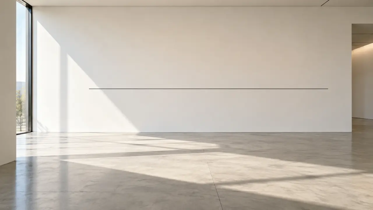 Espace de galerie minimaliste où une ligne sculpturale dialogue avec le vide