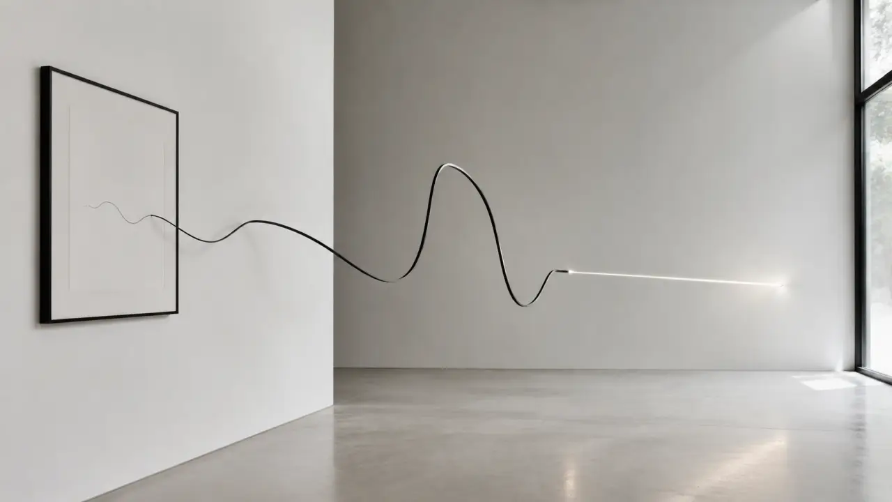 Photographie d'une œuvre minimaliste où une ligne noire traverse un espace blanc, dans une galerie lumineuse