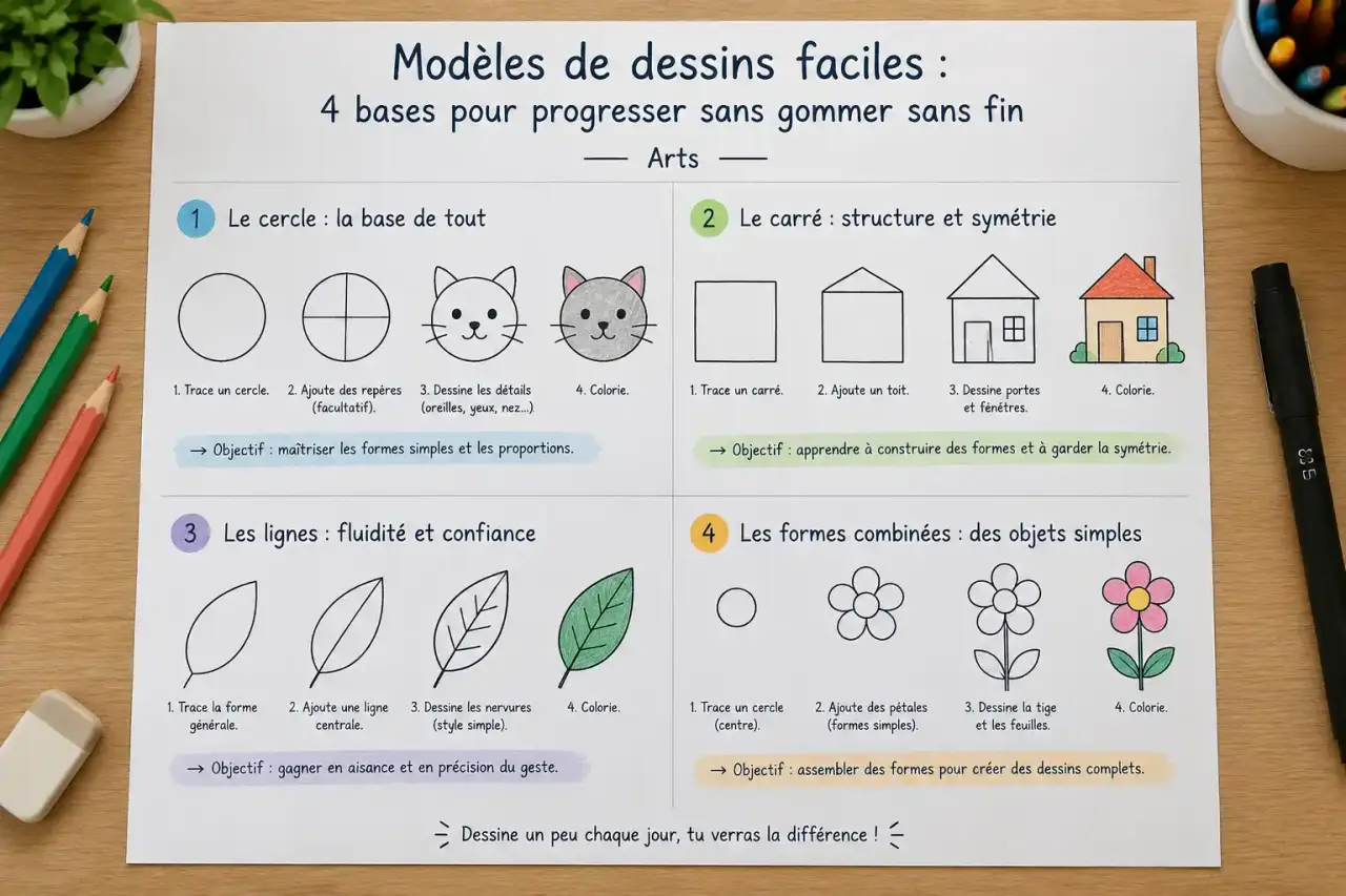 Modèles de dessins faciles : 4 bases pour progresser sans gommer sans fin