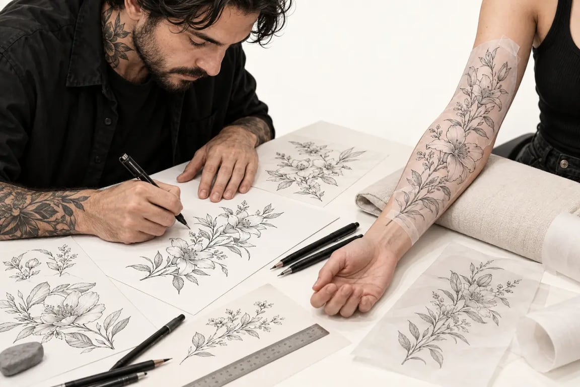 Tatoueur dessinateur adaptant un croquis à la forme du bras