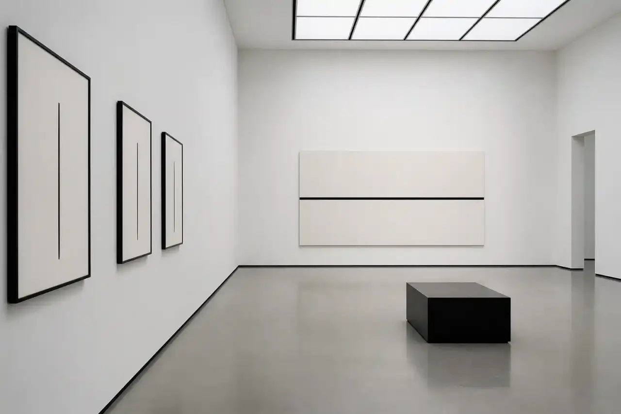 Exposition d'art contemporain minimaliste composée de lignes, de formes sobres et de lumière naturelle