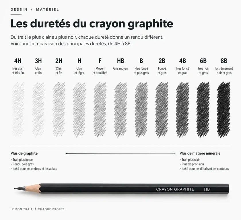 Comparatif des traits de crayons pour dessiner selon la dureté de la mine