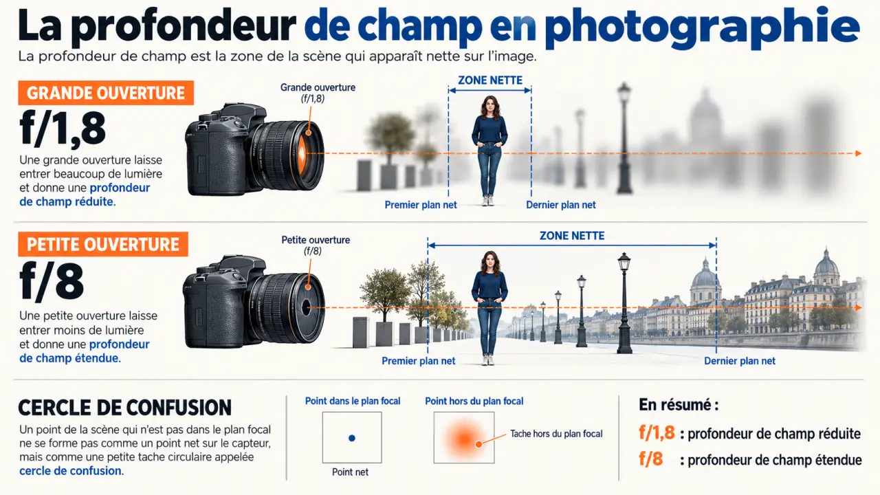 Schéma de profondeur de champ en photographie avec zone nette, plan focal et flou d’arrière-plan