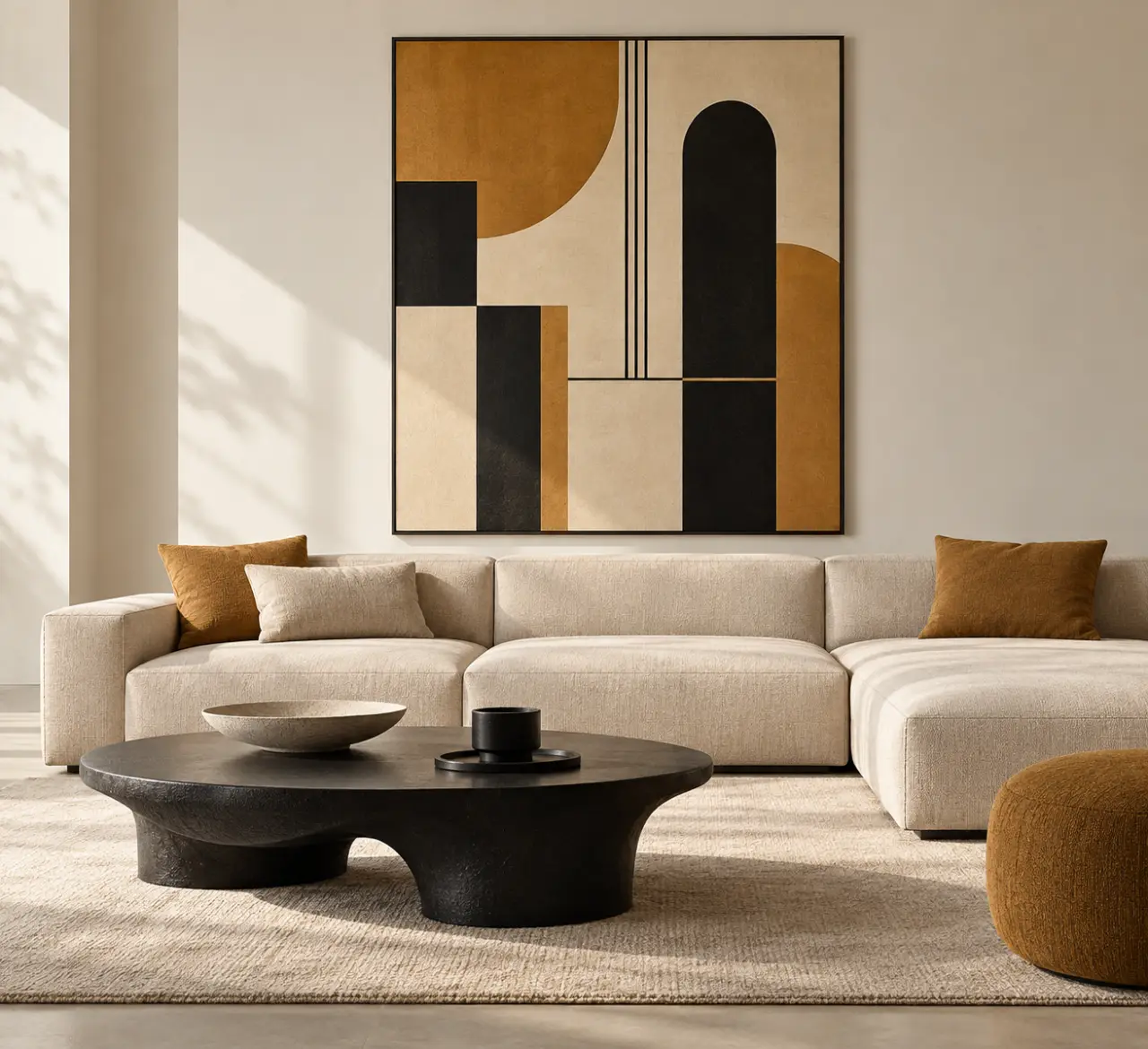 Affiche d’art contemporain abstraite au-dessus d’un canapé dans un salon moderne