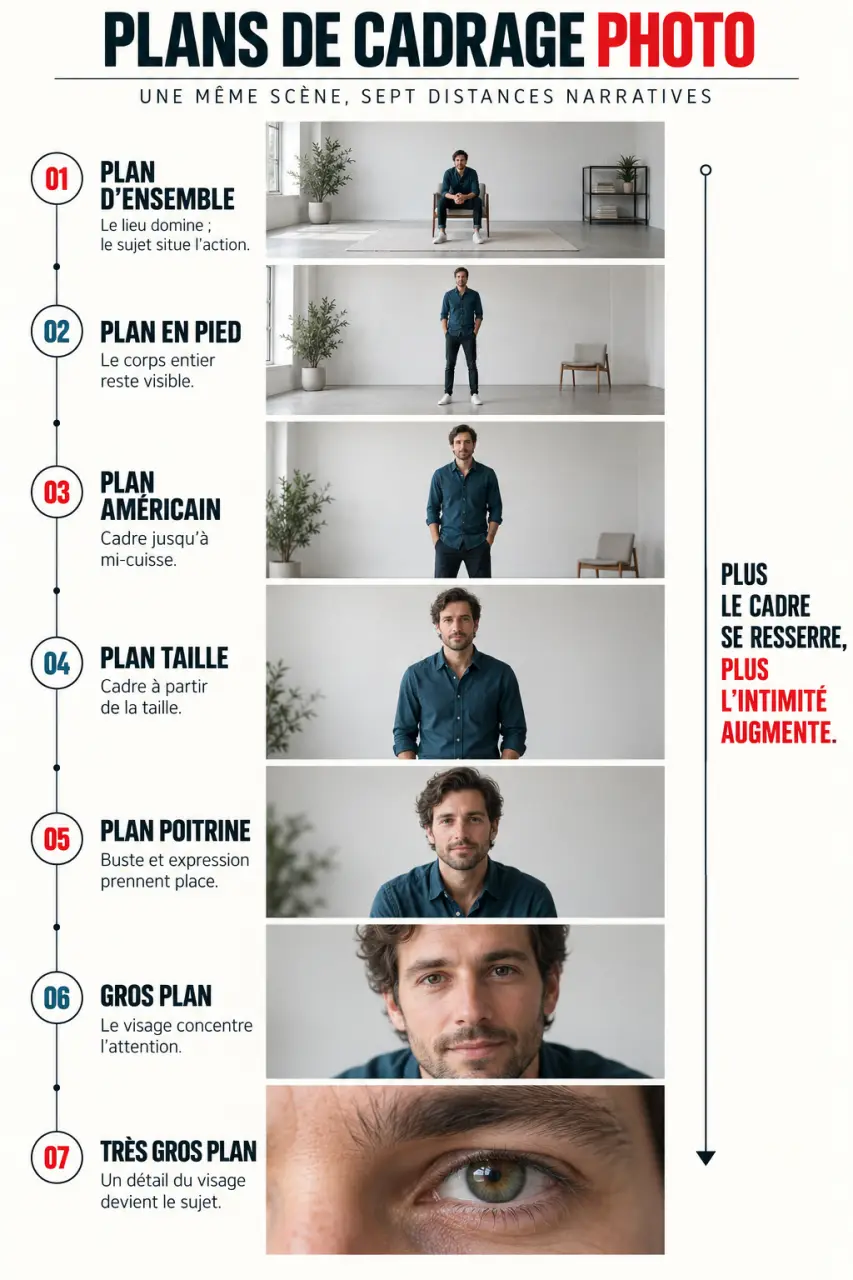 Infographie sur le cadrage photo et la progression des plans du plan général au très gros plan