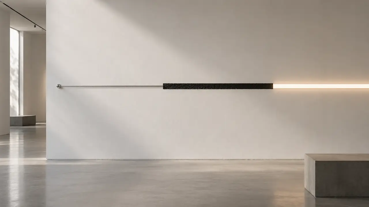 Composition artistique minimaliste associant graphite, métal et lumière
