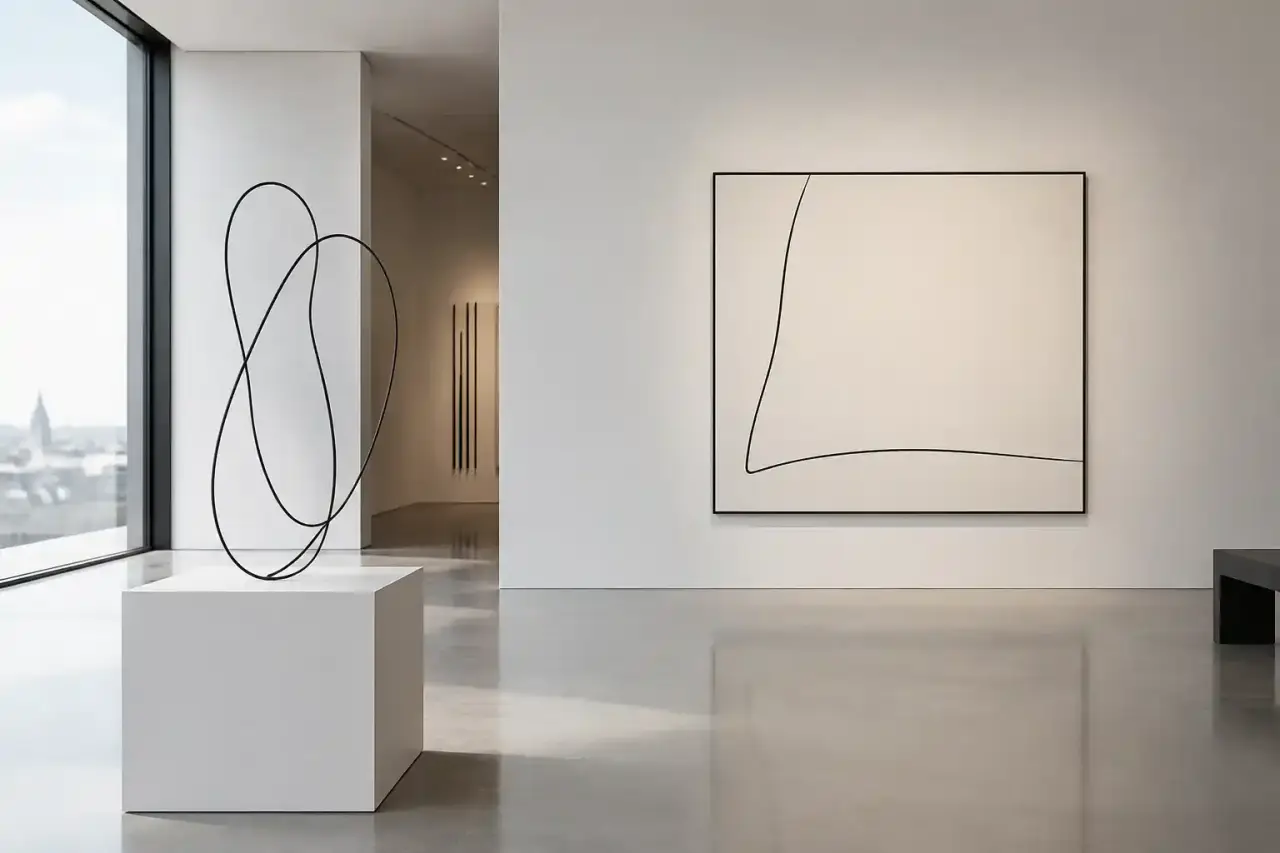 Œuvre d’art minimaliste composée de lignes et de formes épurées dans une galerie lumineuse