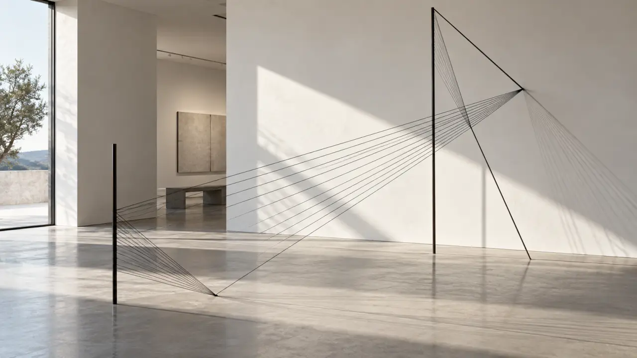 Installation d'art contemporain minimaliste où des lignes dialoguent avec la lumière