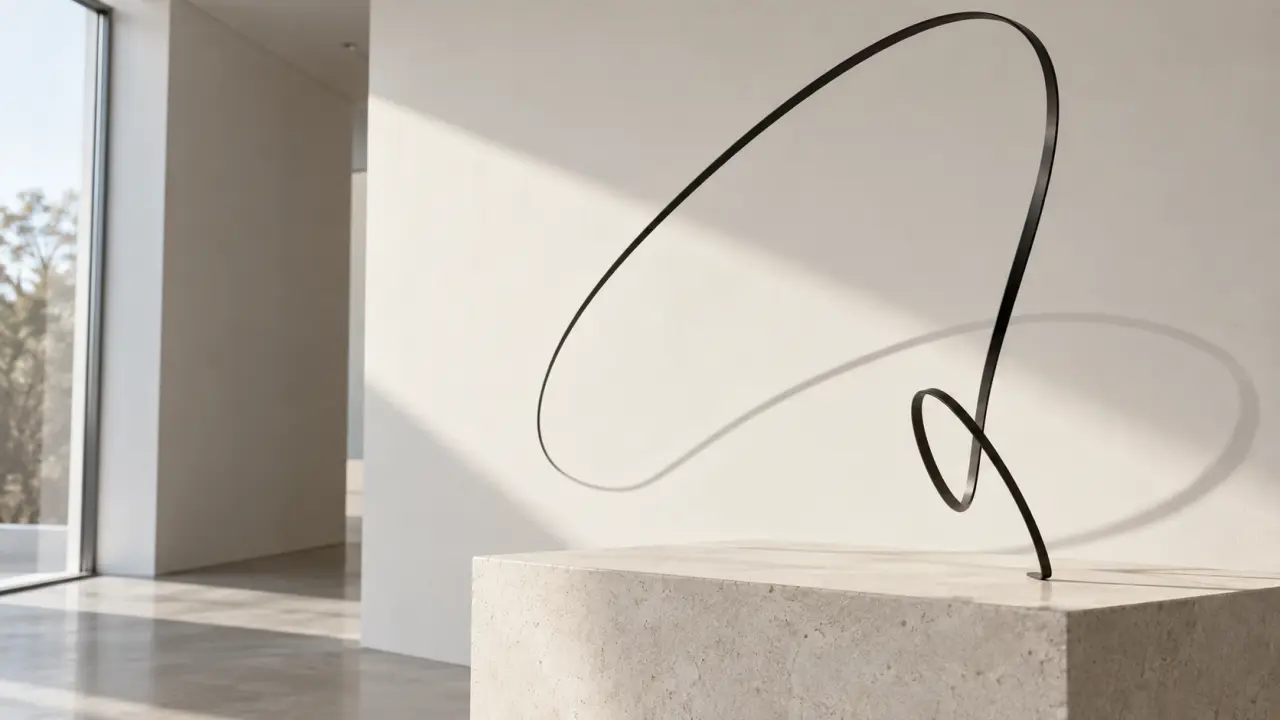 Sculpture contemporaine minimaliste composée de lignes et de volumes dans un espace lumineux