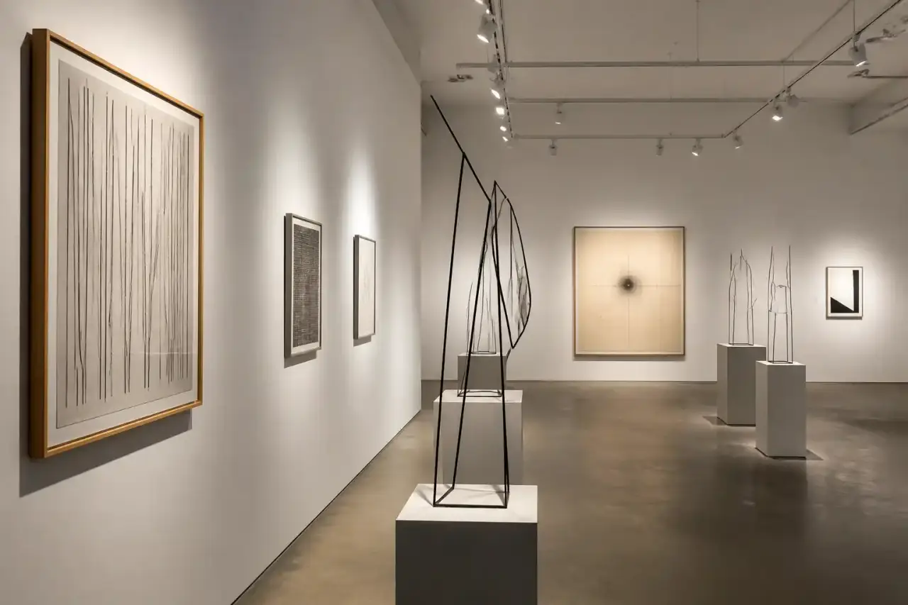 Photographie d'une galerie d'art moderne lumineuse avec des œuvres abstraites aux lignes épurées