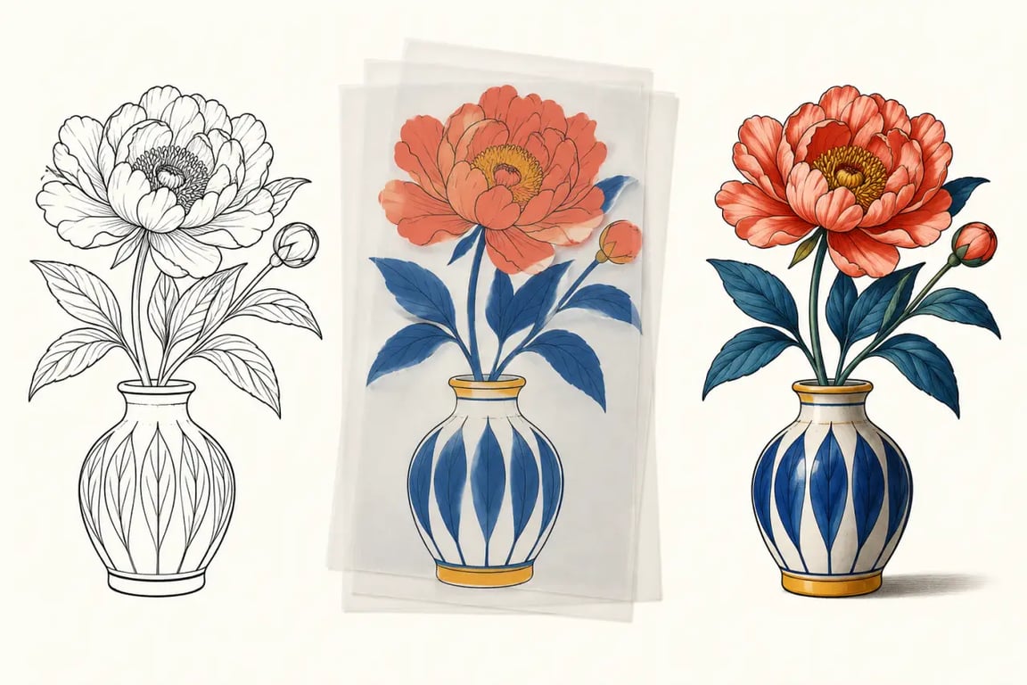Étapes pour colorier un dessin noir et blanc avec aplats, ombres et lumière