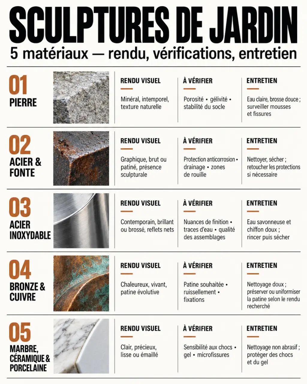 Infographie comparative des matériaux pour une sculpture pour le jardin