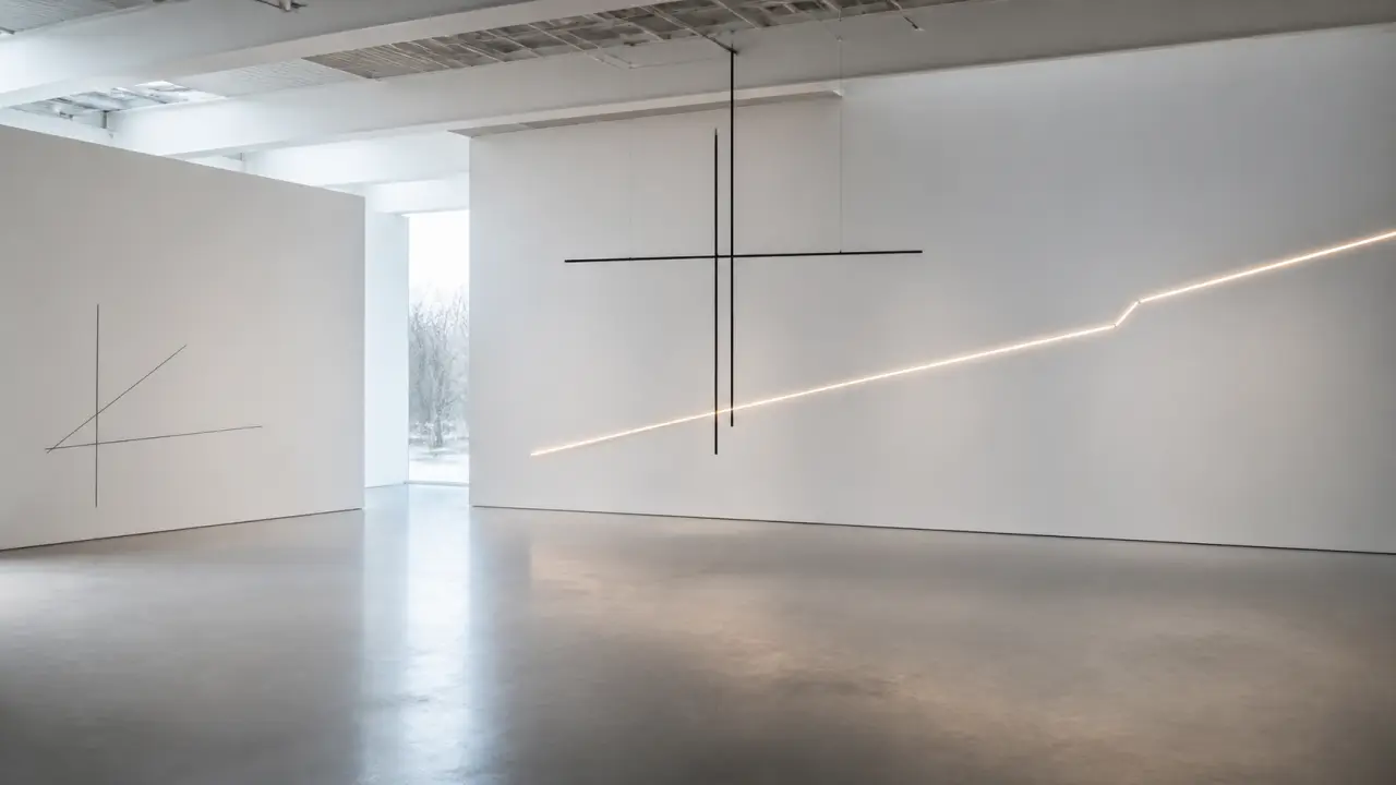 Galerie contemporaine lumineuse avec œuvres minimalistes aux lignes épurées